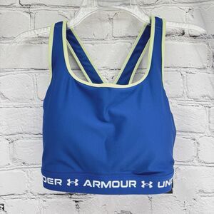 NWT Under Armour Sports Bra Women 2XL Blue w/ Green Trim Crossback Mid Wireless